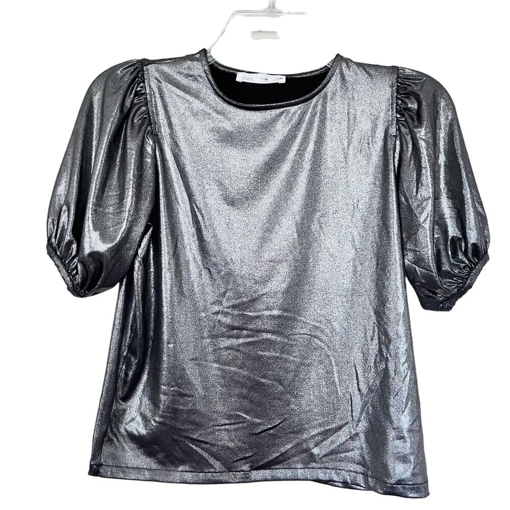 Zara girls metallic puff sleeve top size 10